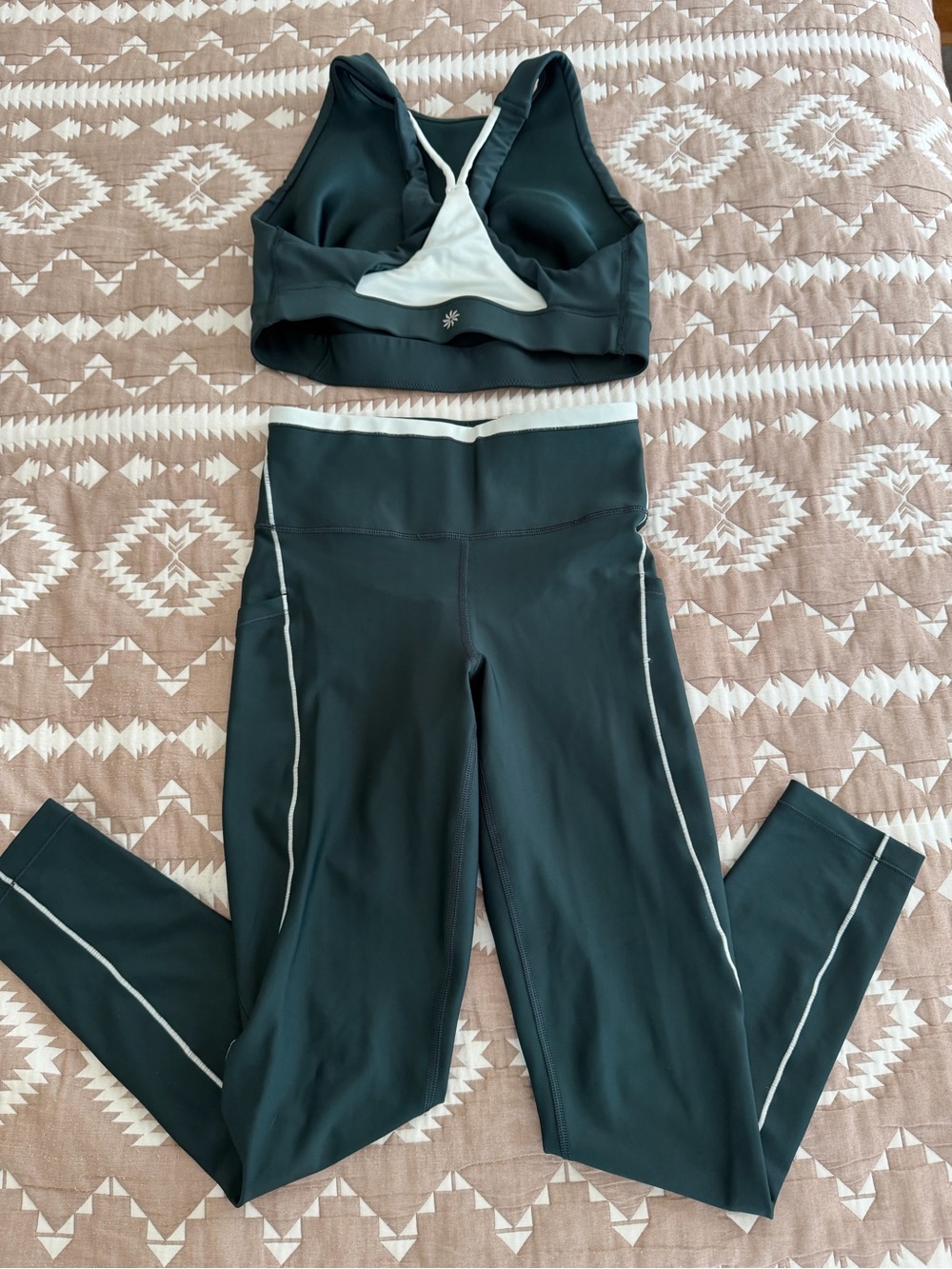 Athletic High-Waist Leggings & Sports Bra Set — Deep Teal with White Trim